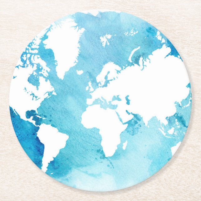 World Map In Watercolor Blues Round Paper Coaster (Front)