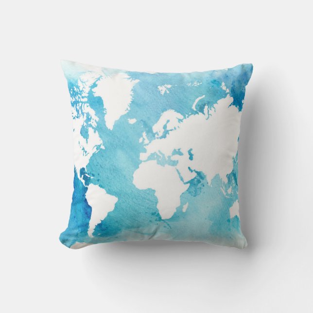 World Map In Watercolor Blues Throw Pillow (Front)