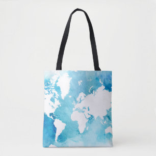 World Map In Watercolor Blues Tote Bag