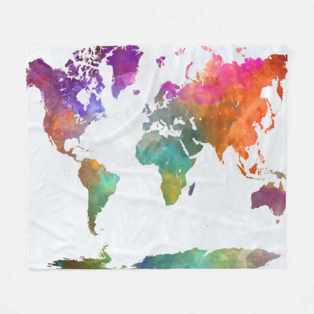 World Map In Watercolor Fleece Blanket (Front (Horizontal))
