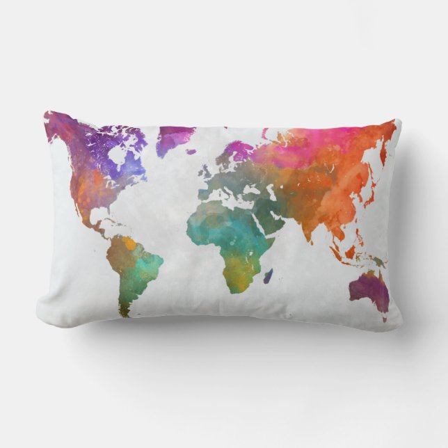 World Map In Watercolor Lumbar Pillow (Front)