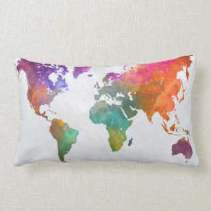 World Map In Watercolor Lumbar Pillow
