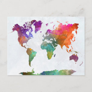 World Map In Watercolor Postcard