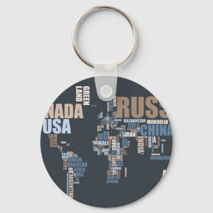 World Map in Words Keychain