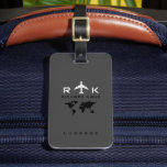 World Map International Avion Travel Luggage Tag<br><div class="desc">A modern and stylish design,  with a small black map of the world on a dark grey background,  personalized with your name and initials (monogram)...  an elegant item for classy travelers</div>
