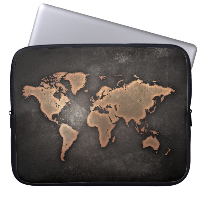 World map leather geographical brown laptop sleeve (Front)