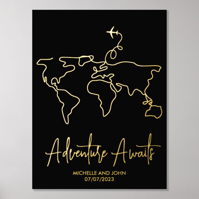 World Map Line Art Travel Adventure Awaits Couple Foil Prints (Front)