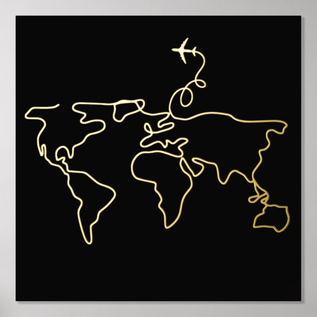 World Map Line Art Wall Travel Adventure Foil Prin Prints (Front)