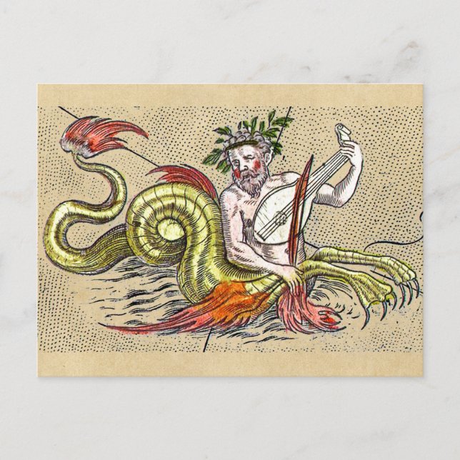 World Map Merman and Lyre Postcard (Front)