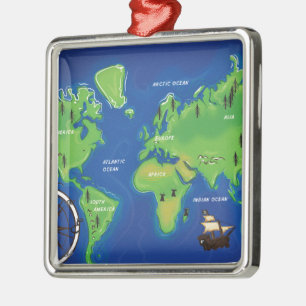 World Map Metal Ornament