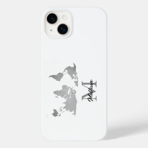 World Map Monogram Name Traveler Custom Grey White Case-Mate iPhone 14 Plus Case