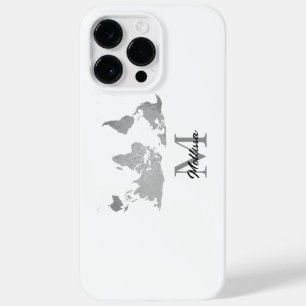 World Map Monogram Name Traveller Custom Grey Whit Case-Mate iPhone 14 Pro Max Case