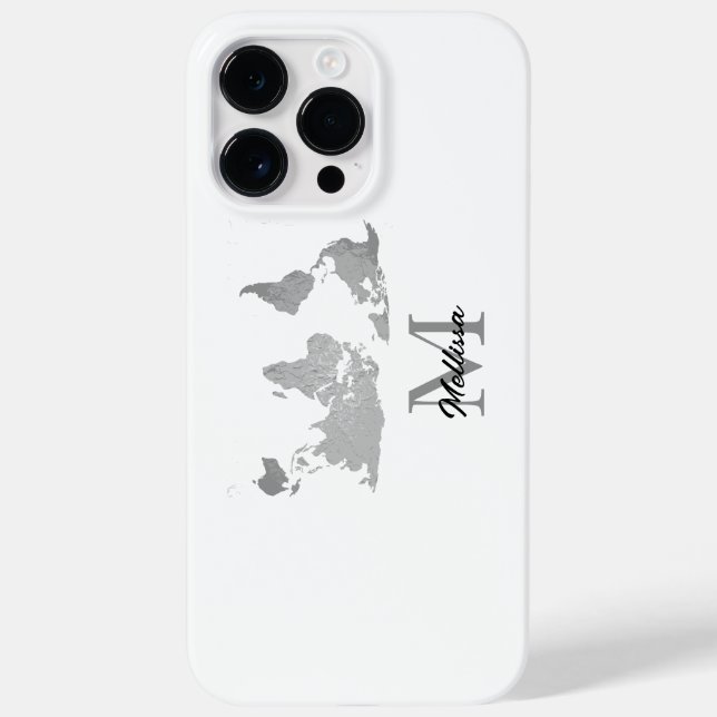 World Map Monogram Name Traveller Custom Grey Whit Case-Mate iPhone Case (Back)