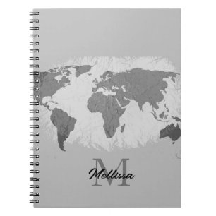 World Map Monogram Traveller Name Black White Grey Notebook