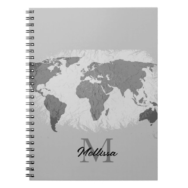 World Map Monogram Traveller Name Black White Grey Notebook (Front)