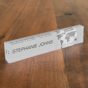 World Map Monograms Custom Name Gift Decor Grey Nameplate