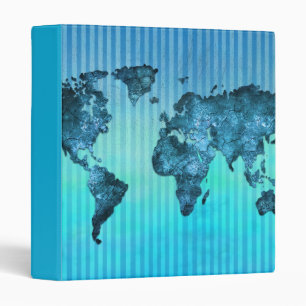 World Map Neon Blue Stripes Binder