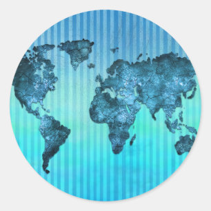 World Map   Neon Blue Stripes Classic Round Sticker