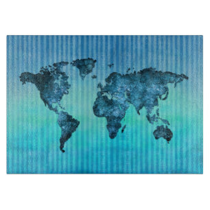 World Map   Neon Blue Stripes Cutting Board