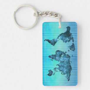 World Map Neon Blue Stripes Keychain