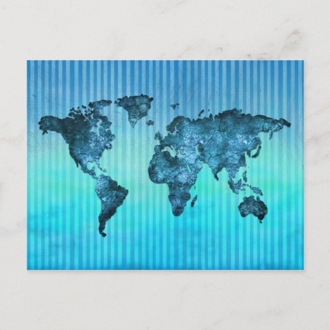 World Map | Neon Blue Stripes Postcard (Front)