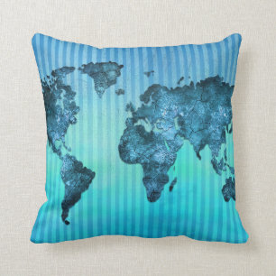 World Map Neon Blue Stripes Throw Pillow