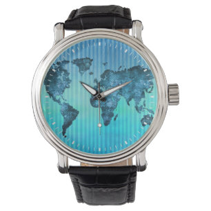 World Map Neon Blue Stripes Watch