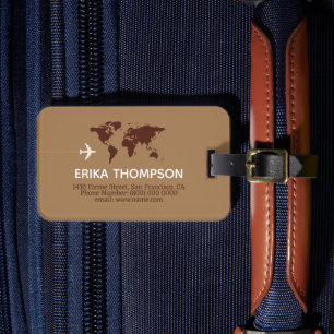 World Map on Brown  Luggage Tag