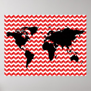 world map on red chevron pattern poster
