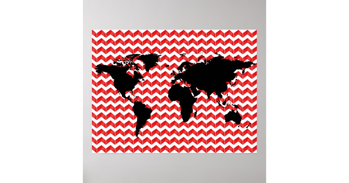 world map on red chevron pattern poster | Zazzle