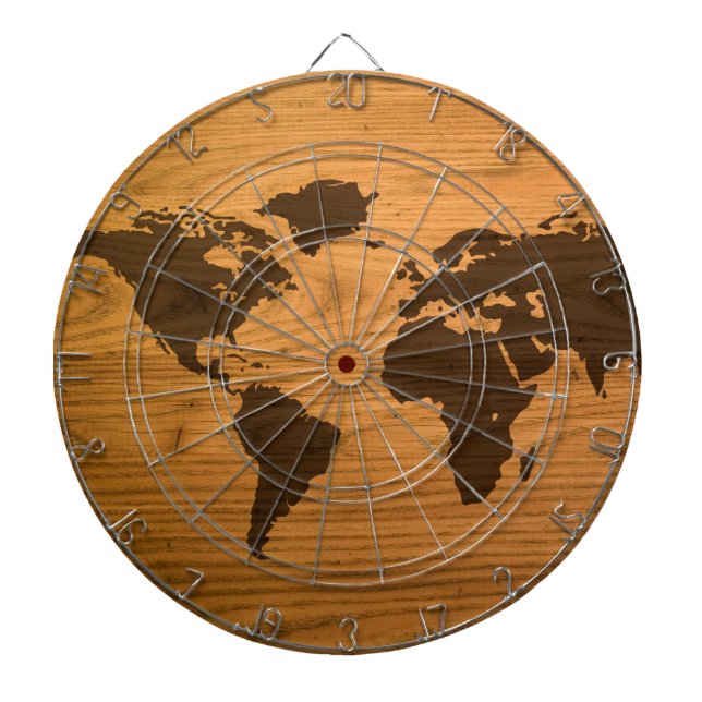 World Map on Wood Grain Dartboard (Front)