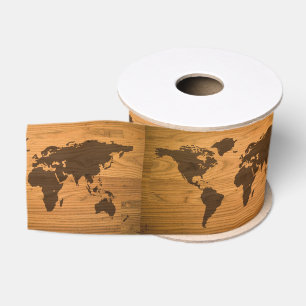 World Map on Wood Grain Grosgrain Ribbon