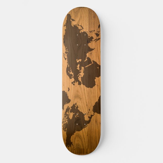 World Map on Wood Grain Skateboard (Front)