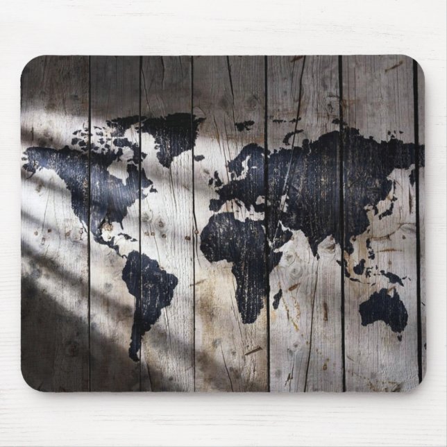World map on wood texture mouse pad (Front)