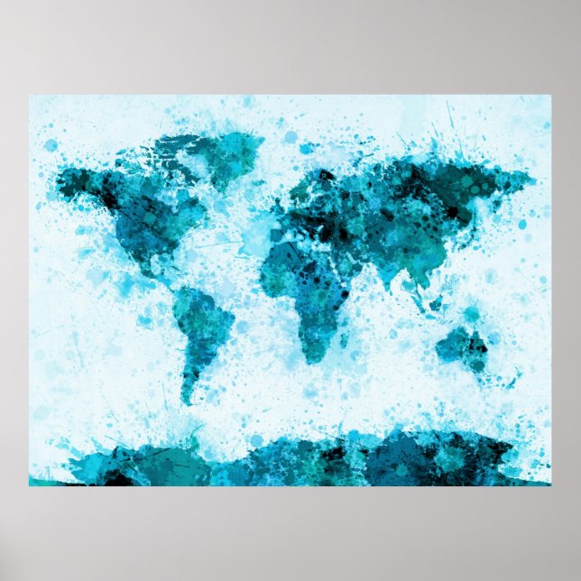 World Map Paint Splashes Blue Poster (Front)