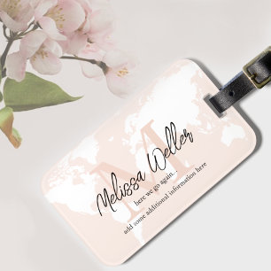 World Map Pale Blush Rose Traveller Monogram Luggage Tag