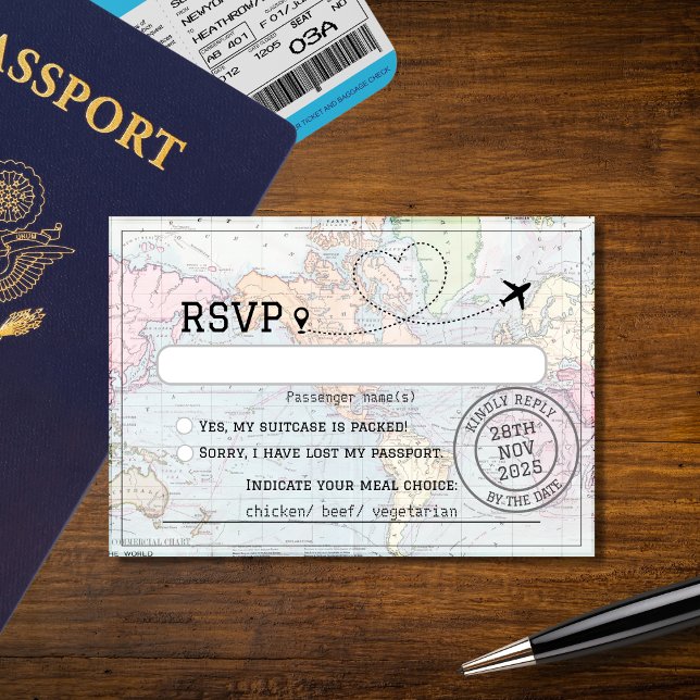 World Map Passport Destination Wedding RSVP Card (Creator Uploaded)