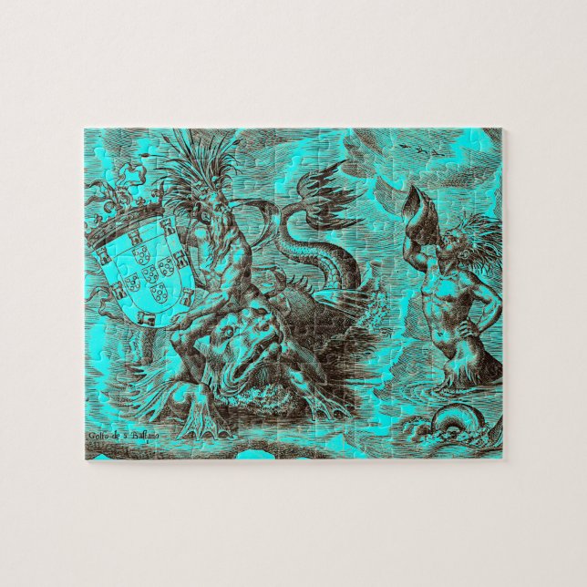 World Map Poseidon Riding Dolphin Jigsaw Puzzle (Horizontal)