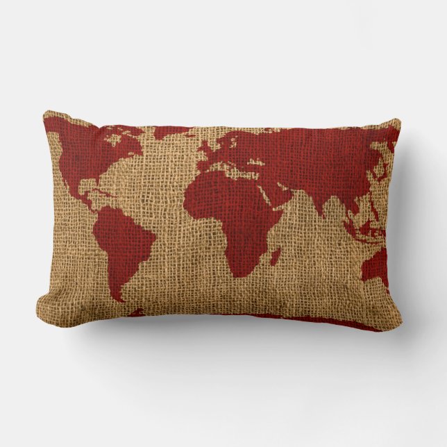 World Map Rustic Red Lumbar Pillow (Front)