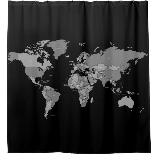 World Map Shower Curtain in Black and Grey Shades (Front)