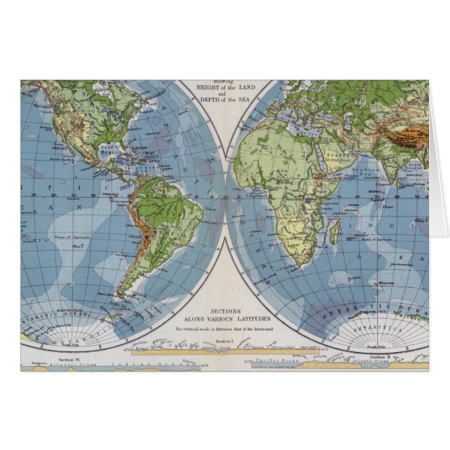 World Map showing Heights of Land depth of Sea (Front Horizontal)