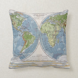 World Map showing Heights of Land depth of Sea Throw Pillow