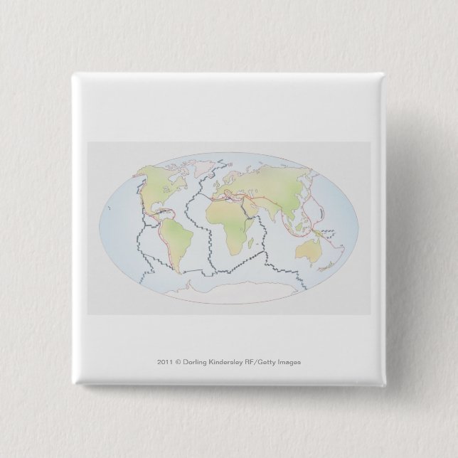 World map showing plate margins 2 inch square button (Front)