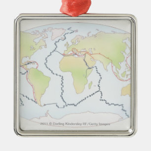 World map showing plate margins metal ornament