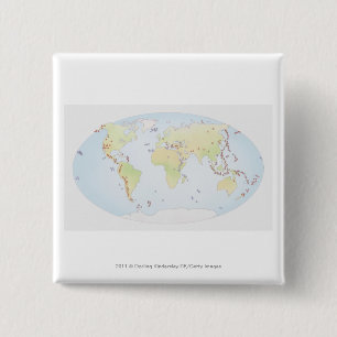 World map showing sites of volcanic activity 2 inch square button