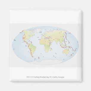 World map showing sites of volcanic activity magnet