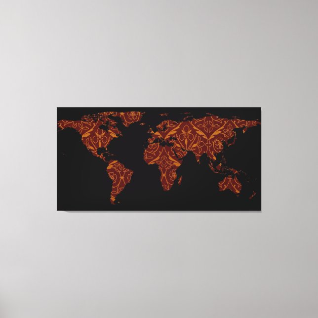 World Map Silhouette - Orange & Red Floral Patten Canvas Print (Front)