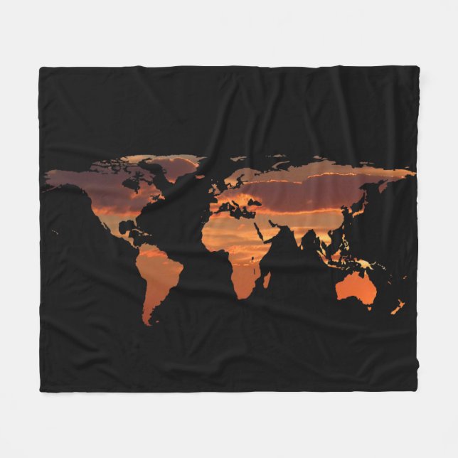 World Map Silhouette - Romantic Sunset Fleece Blanket (Front (Horizontal))