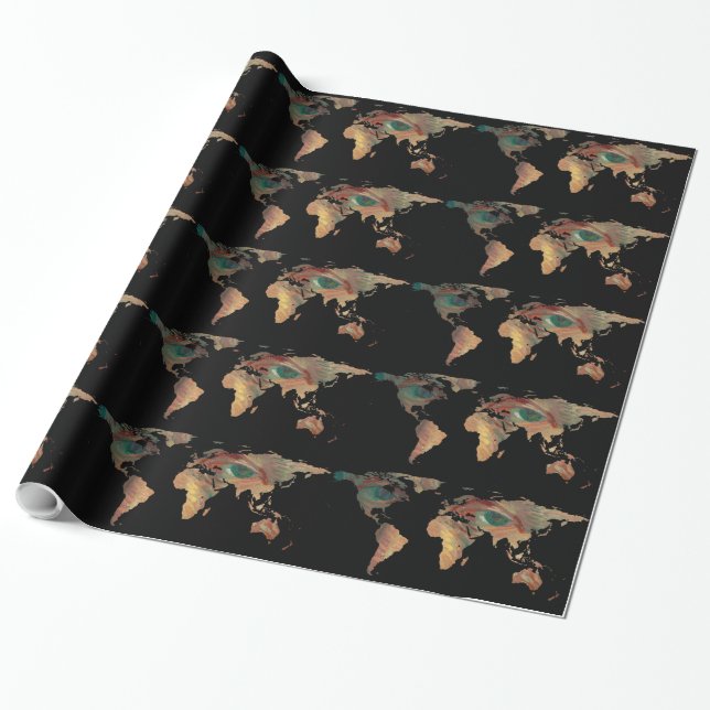 World Map Silhouette - Van Gogh's Painted Eyes Wrapping Paper (Unrolled)