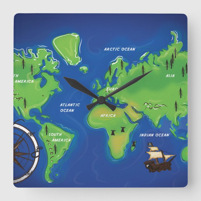 World Map Square Wall Clock (Front)